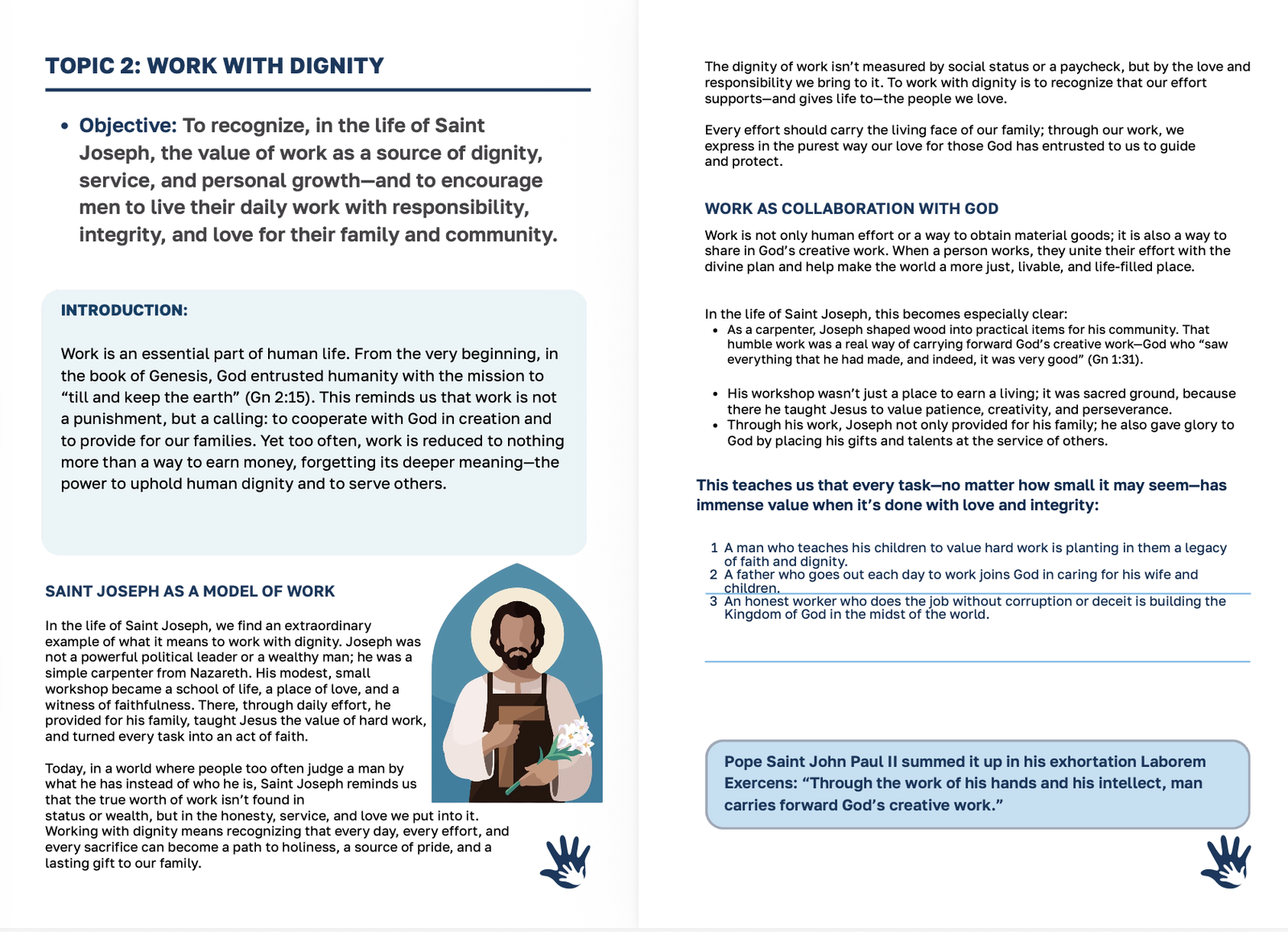 The open Facilitator Guide showing Topic 2: Work with Dignity, with an illustration of Saint Joseph as a carpenter.